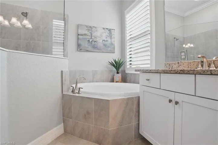 Bathroom featuring walk in shower, vanity, a garden tub, ornamental molding, and tile patterned flooring