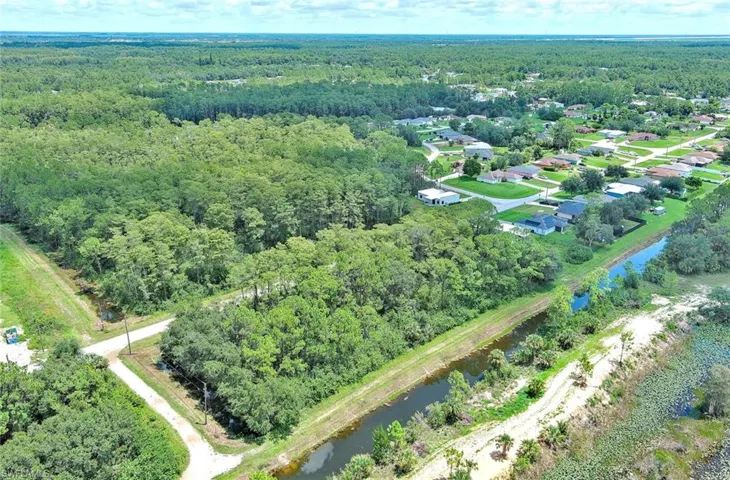 Drone / aerial view of a large body of water and a forest