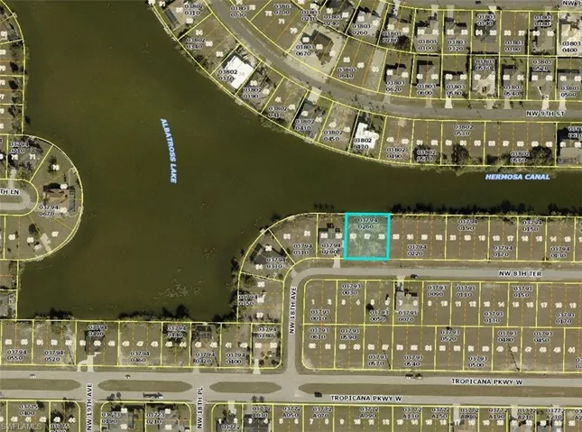 Aerial map of property and surrounding area with property boundaries highlighted