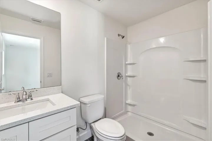 Bathroom featuring toilet, vanity, and a shower