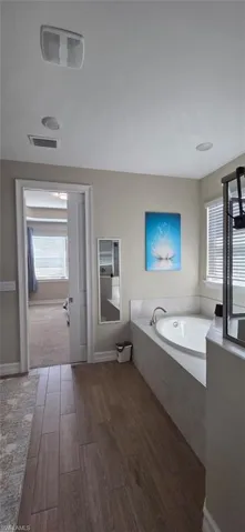 Bathroom with a garden tub, wood tiled floors, and healthy amount of natural light