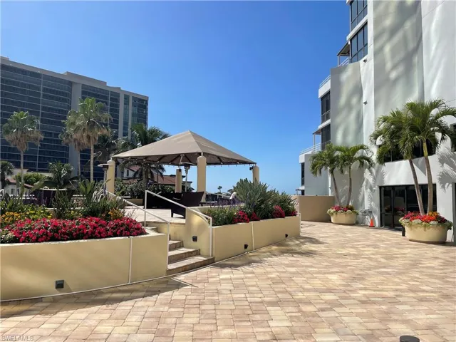 Community patio, terraces and shade gazebo with seating arrangements