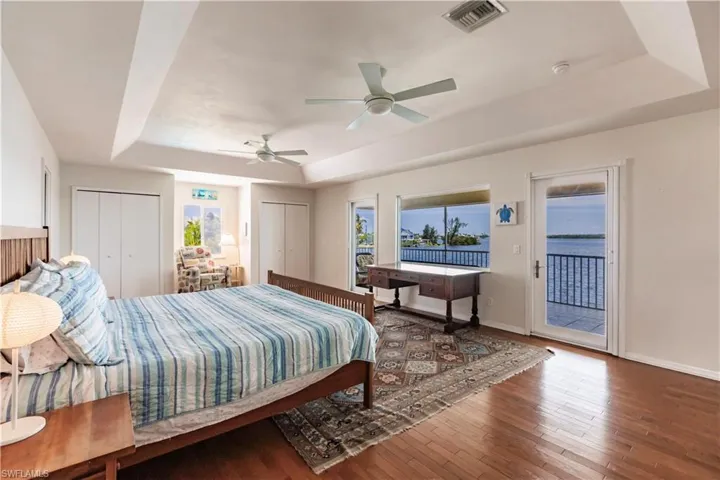 Bedroom with a raised ceiling, ceiling fan, multiple windows, and wood-type flooring