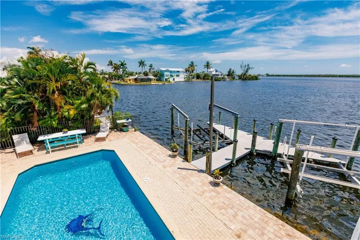 View of swimming pool featuring a boat dock and a water view