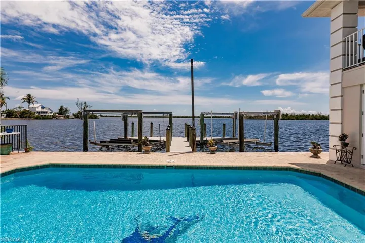 View of pool with a boat dock and a water view