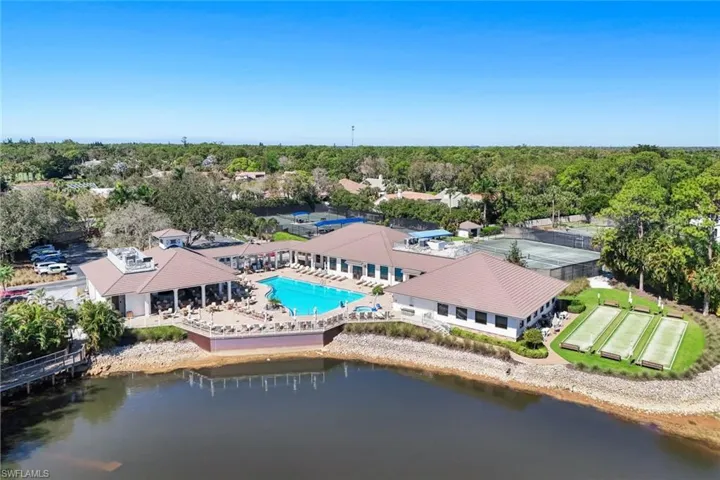 Bird's eye view of a pool and a large body of water