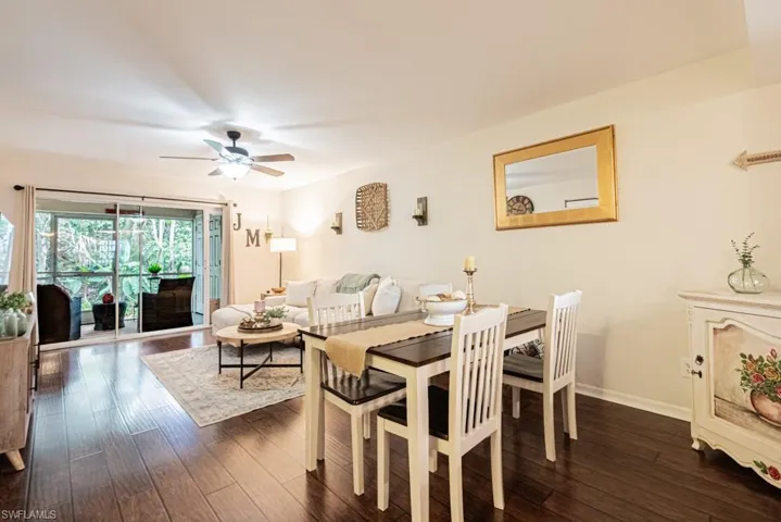 Dining space featuring dark wood-style floors, ceiling fan, and baseboards