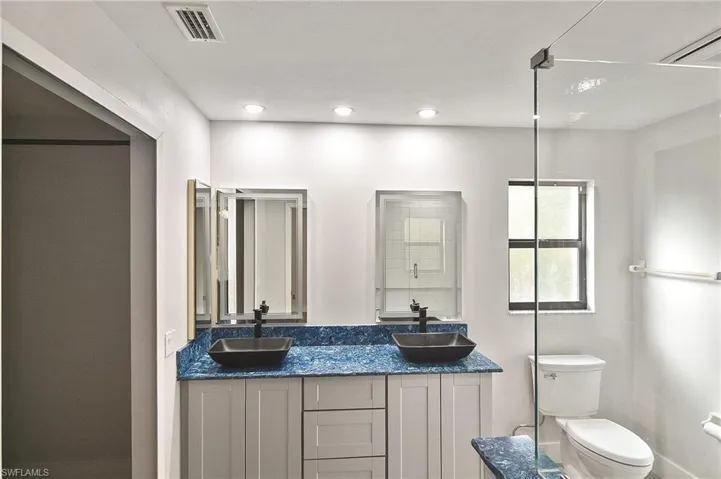 Bathroom featuring vanity, toilet, and walk in shower