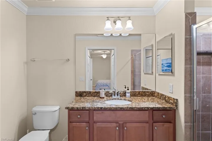 Full bathroom with crown molding, toilet, a tile shower, and connected bathroom