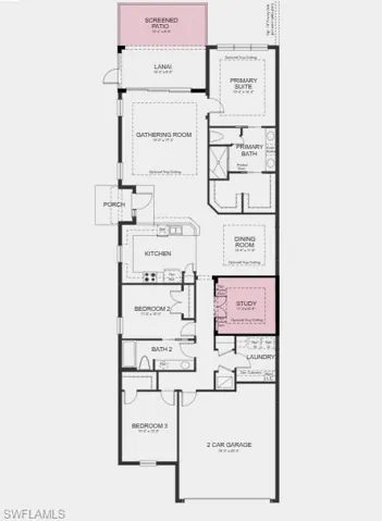 Additional Highlights Include: Study in place of flex, double pocket doors at study, extended screened lanai, tray ceiling at great room, primary suite, dining area, and study, 8' interior doors, and garden fence.