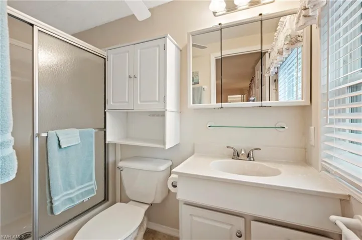Full bathroom with a shower stall, toilet, vanity, and plenty of natural light