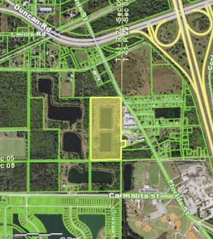 Aerial view of property's location with property parcel outlined