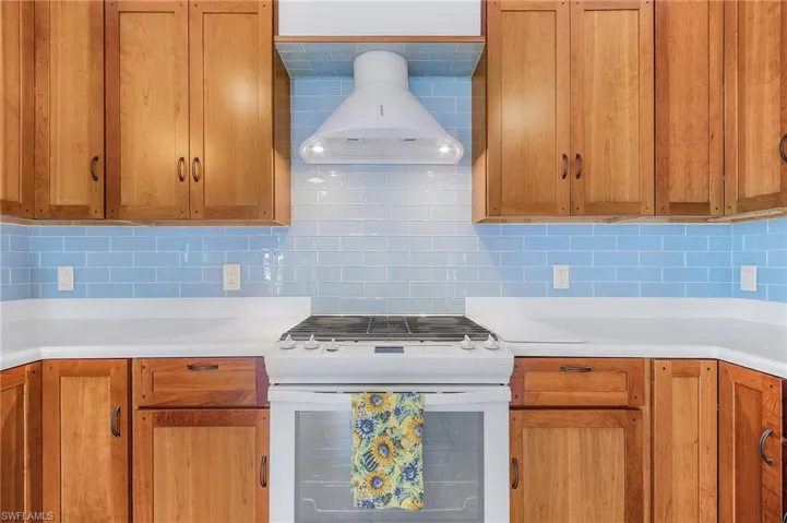 Kitchen featuring decorative backsplash, gas stove and exhaust hood