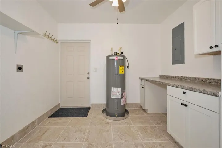 Utility room with water heater and electric panel