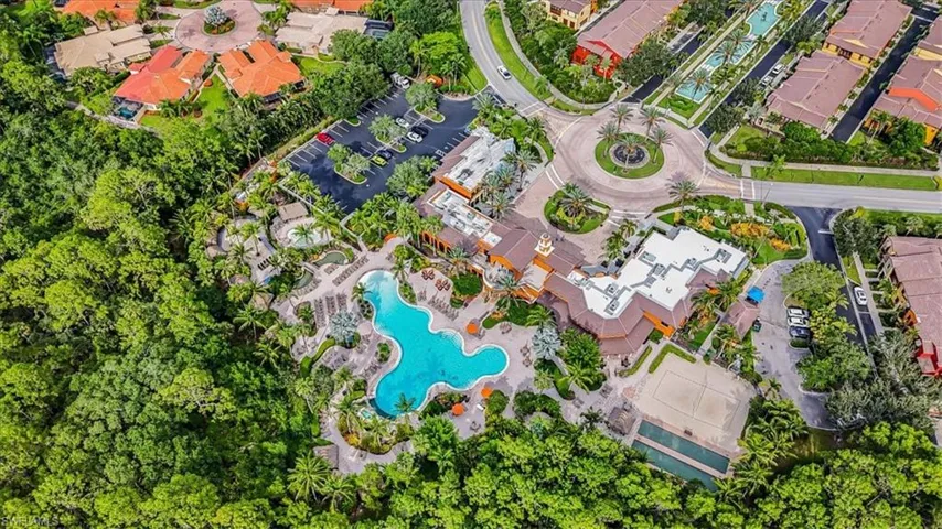 Aerial overview of property's location with a pool