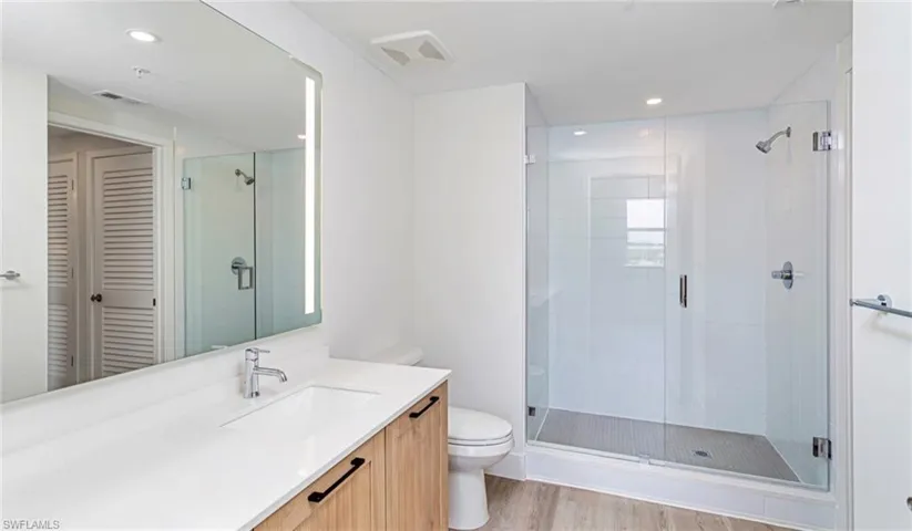 Full bathroom with a shower stall, vanity, light wood-style floors, recessed lighting, and a closet