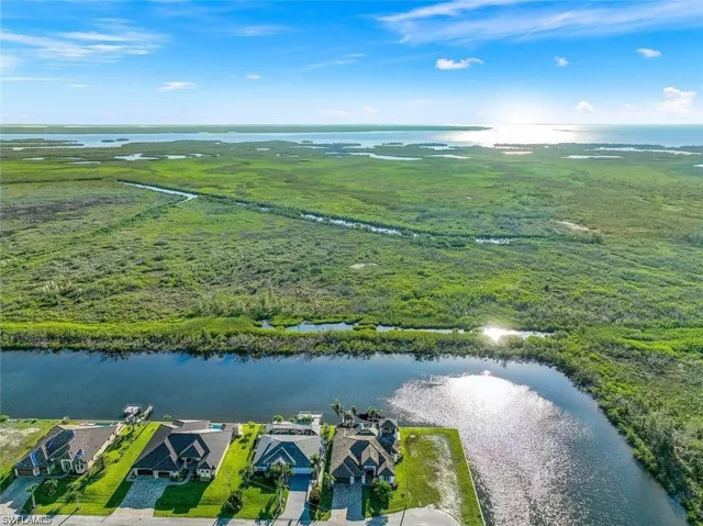 Birds eye view of property with a water view