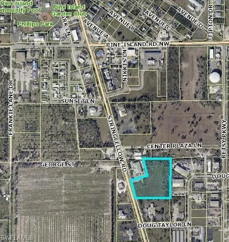 Aerial map of property and surrounding area with property boundaries highlighted