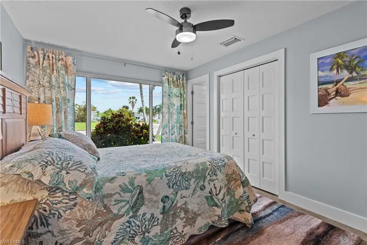 Bedroom featuring wood-type flooring, a closet, and ceiling fan