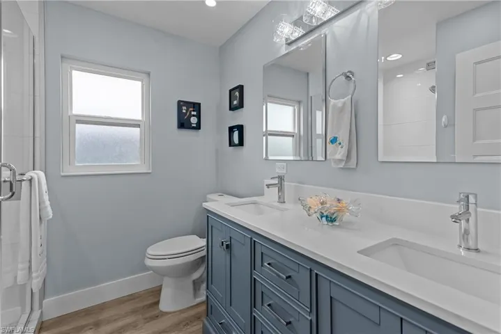 Bathroom featuring hardwood / wood-style flooring, plenty of natural light, walk in shower, and vanity