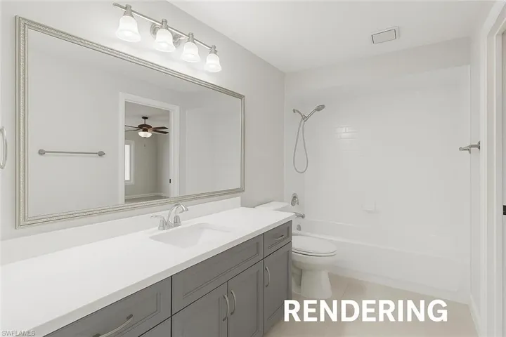 Bathroom with toilet, vanity, shower / washtub combination, tile patterned flooring, and ceiling fan