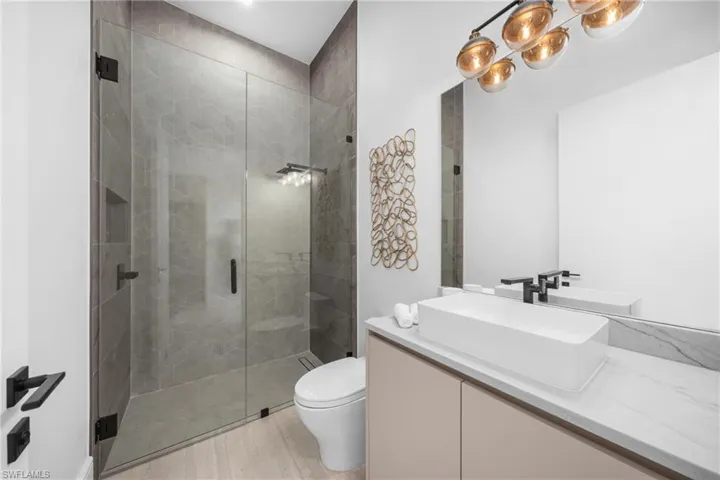 Bathroom with toilet, a stall shower, wood finished floors, and vanity