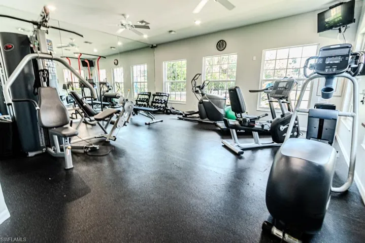Exercise room with ceiling fan