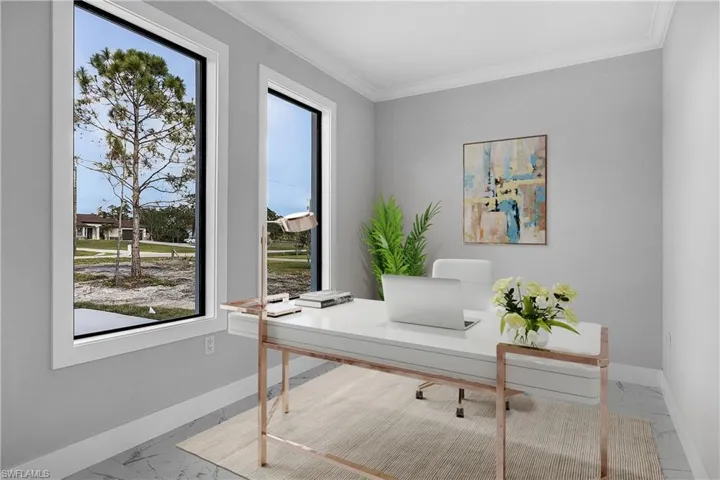 Room featuring two tall vertical windows, light gray walls, a white crown molding, and marble-look flooring