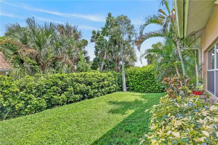 Lush backyard with manicured lawn, established privacy hedges, and mature palm trees