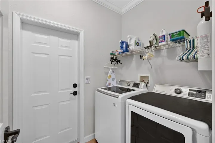 Dedicated laundry space featuring a paneled door, crown molding, and a wire shelving system