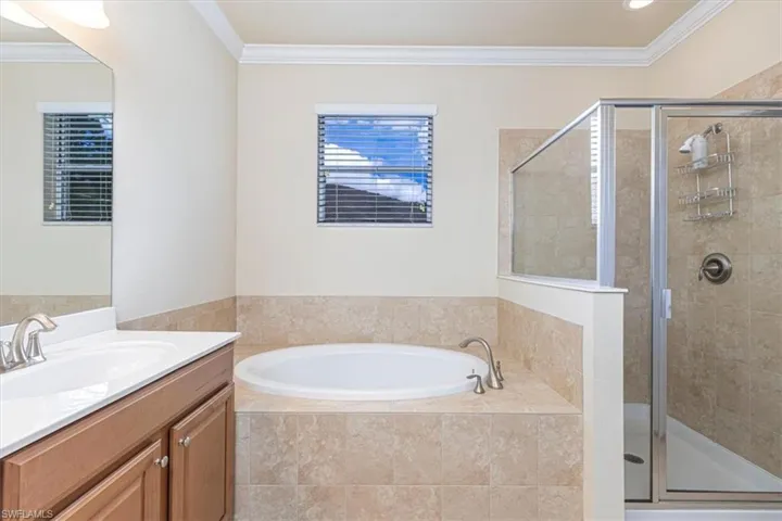 Bathroom featuring crown molding, a stall shower, vanity, and a garden tub