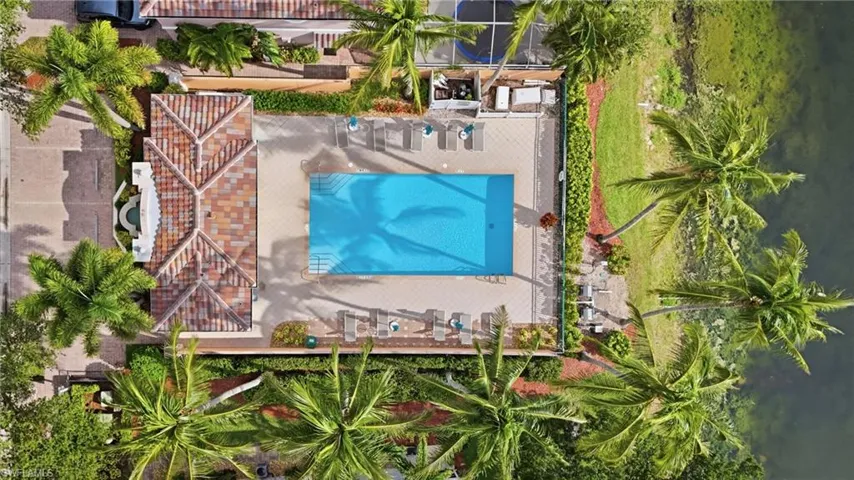 Outdoor swimming pool surrounded by a paver deck, mature palm trees, and a terraced tile roof structure