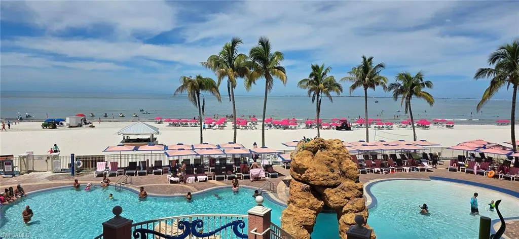 View of swimming pool in front of White Sand building. Largest pool.
