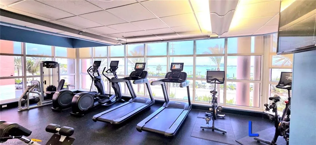 Gym with a drop ceiling and a wall of windows
