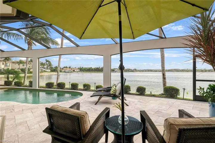 View of pool featuring a water view, a patio area, and a lanai