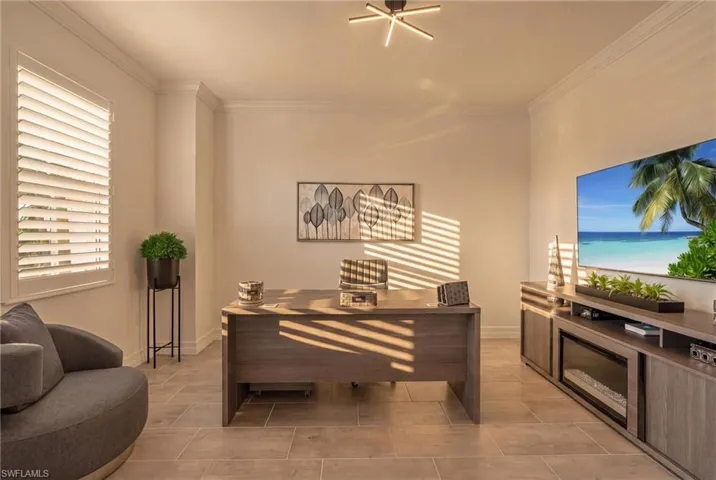 Recessed lighting, crown molding, plantation shutters, and large format tile flooring