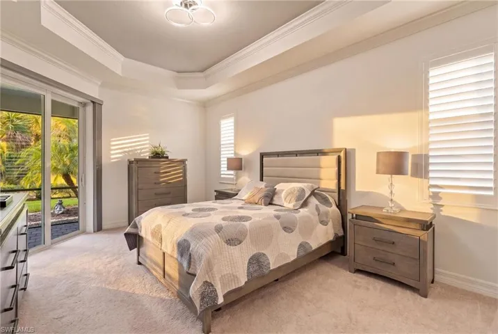 Tray ceiling with crown molding, sliding glass doors, white plantation shutters, built-in cabinetry, and neutral-toned wall-to-wall carpeting
