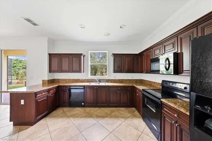 Kitchen featuring sink, kitchen peninsula, a healthy amount of sunlight, and black appliances
