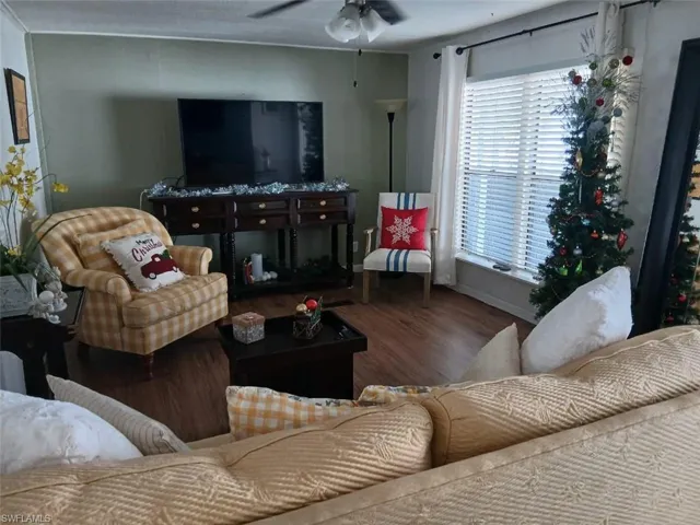 Living area featuring wood finished floors and a ceiling fan
