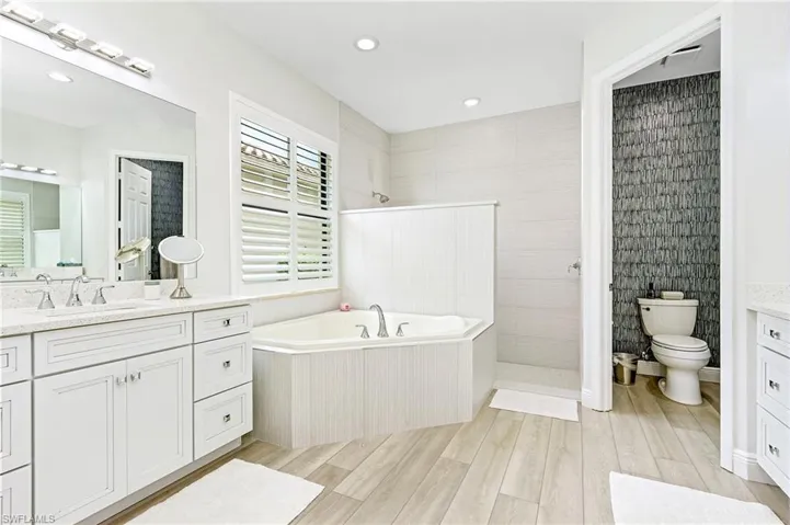 Full bathroom featuring toilet, independent shower and bath, and vanity