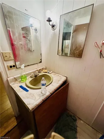 Bathroom featuring vanity and wood-type flooring