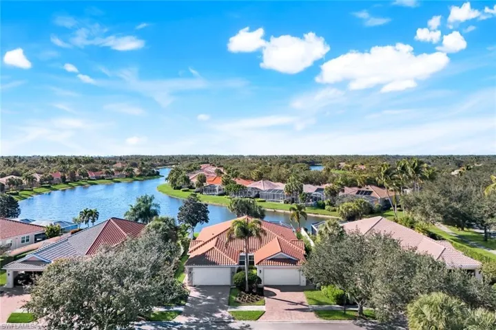 Aerial view of residential area featuring a view of lake.
