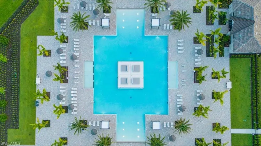 Drone / aerial view of a pool area