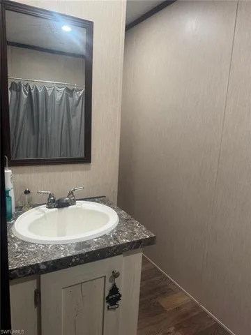 Bathroom featuring vanity, dark wood-type flooring, and a shower with shower curtain