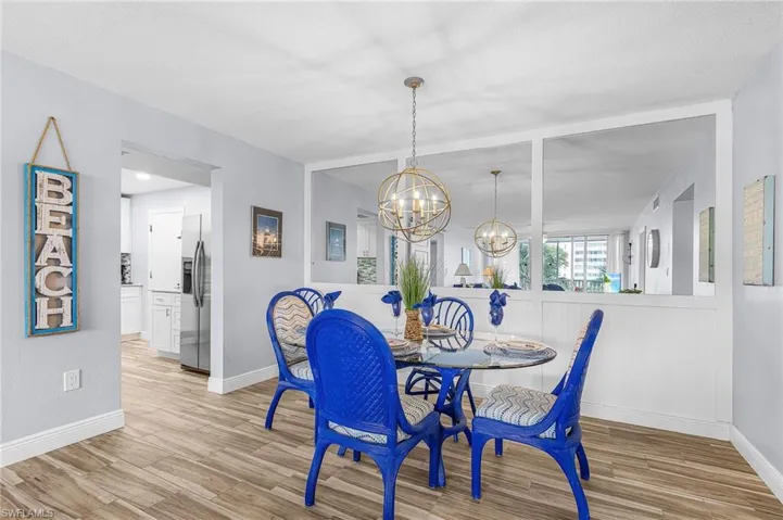 Dining area with shiplap on the mirrors