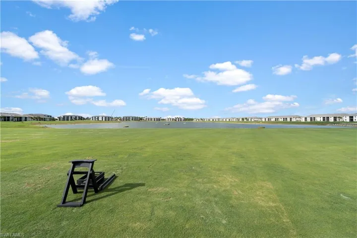 View of community featuring a water view and a lawn