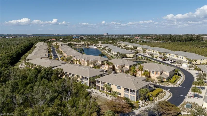 Aerial perspective of suburban area with a nearby body of water