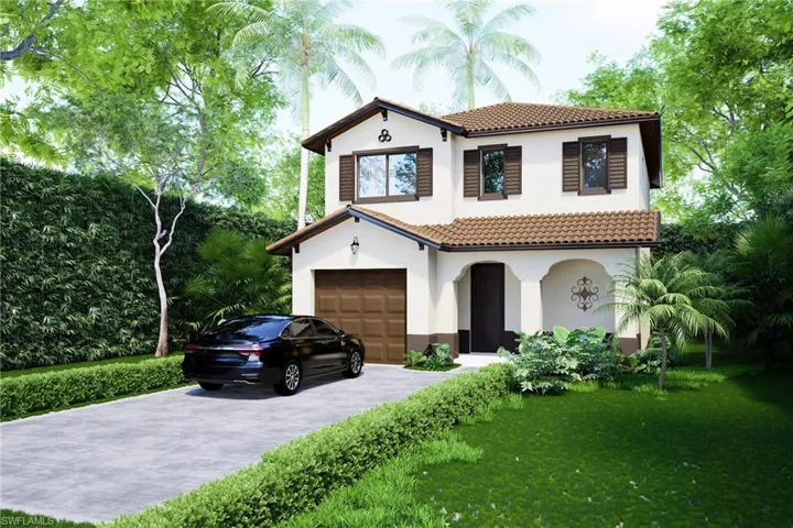 Mediterranean / spanish-style house featuring a garage and a front lawn