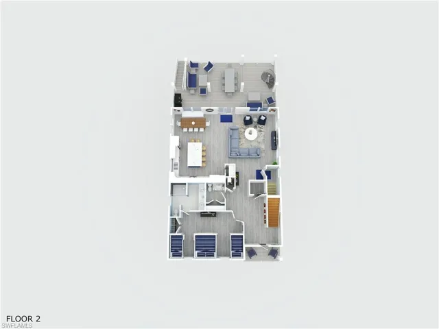 Floor 2 floor plan - kitchen, living area, bunkbed room, bathrooms and patio - virtually enhanced
