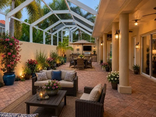 Expansive screened patio featuring brick paver flooring and an outdoor kitchen with integrated grill